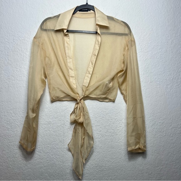 PRETTYLITTLETHING Organza Sheer Tie Front Blouse - Picture 2 of 8